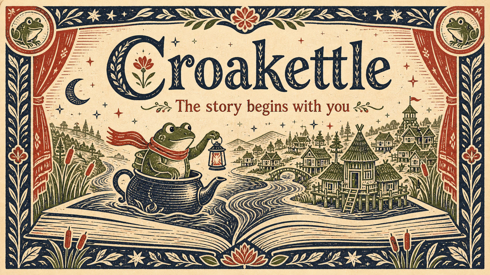 A woodcut storybook opens onto a riverside village of original frog adventurers